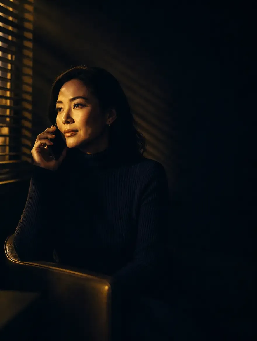 Woman on a quiet phone call, seeking confidential professional guidance