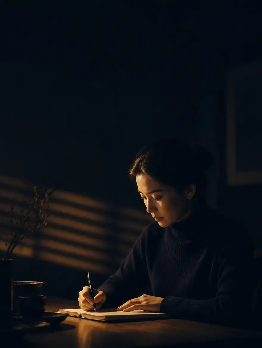 Woman quietly journaling by lamplight, reflecting before taking any action