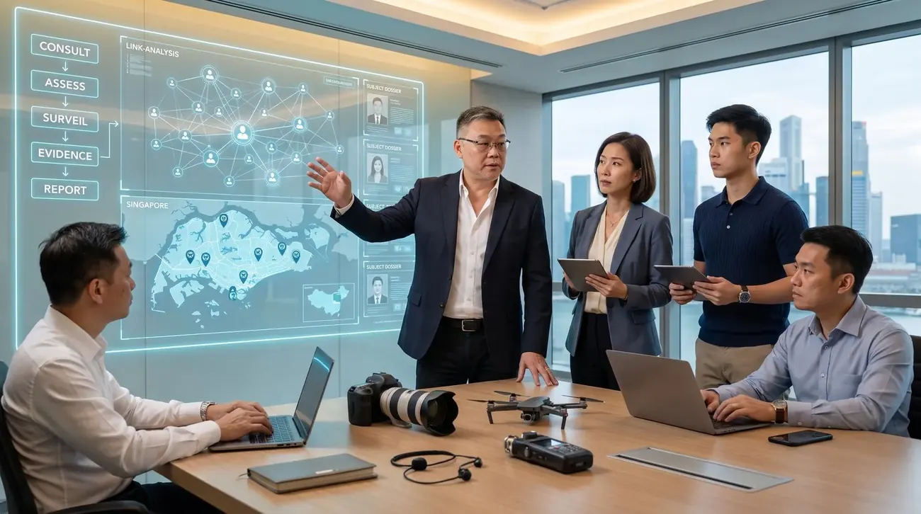 The Privateye investigation team reviewing a case on an intelligence dashboard, led by founder Jeffrey Lim
