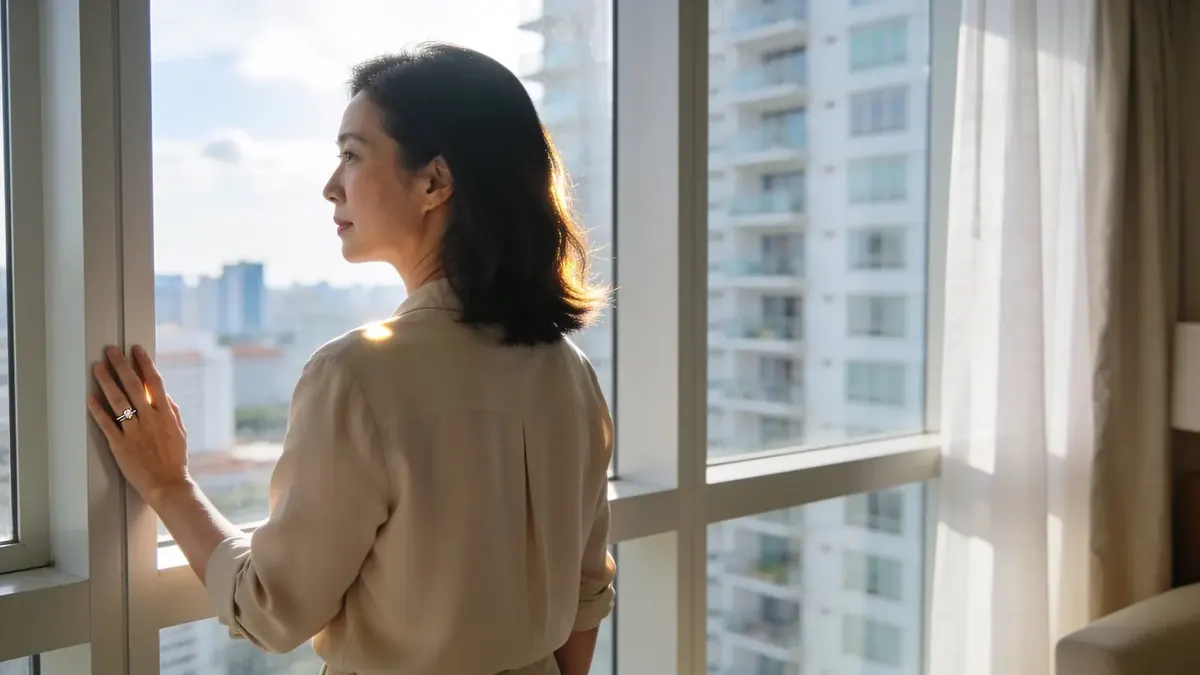 A woman stands at a high-rise window, looking out thoughtfully