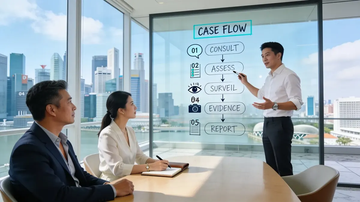 An investigator explains a case-flow diagram on a glass board to two seated clients