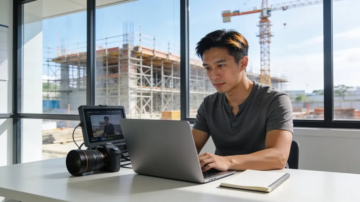 An investigator reviews surveillance footage on a laptop, a construction site visible through the window