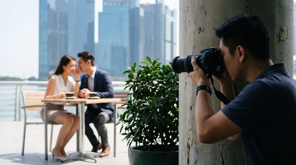 A concealed operative photographs two distant subjects at a waterfront café with a long lens